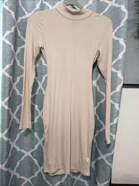 Kittenish by Jessie James Decker Beige Ribbed Mock Neck Long Sleeve Dress